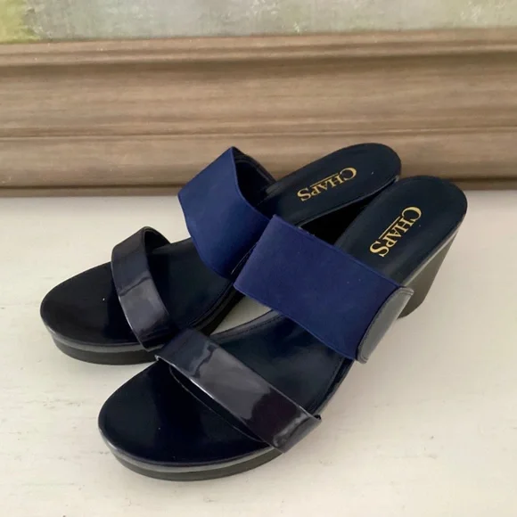 Chaps Shoes Women's Size 7.5 Navy Blue Slides Wedge Slip-on Sandals Elastic Top - Picture 2 of 10
